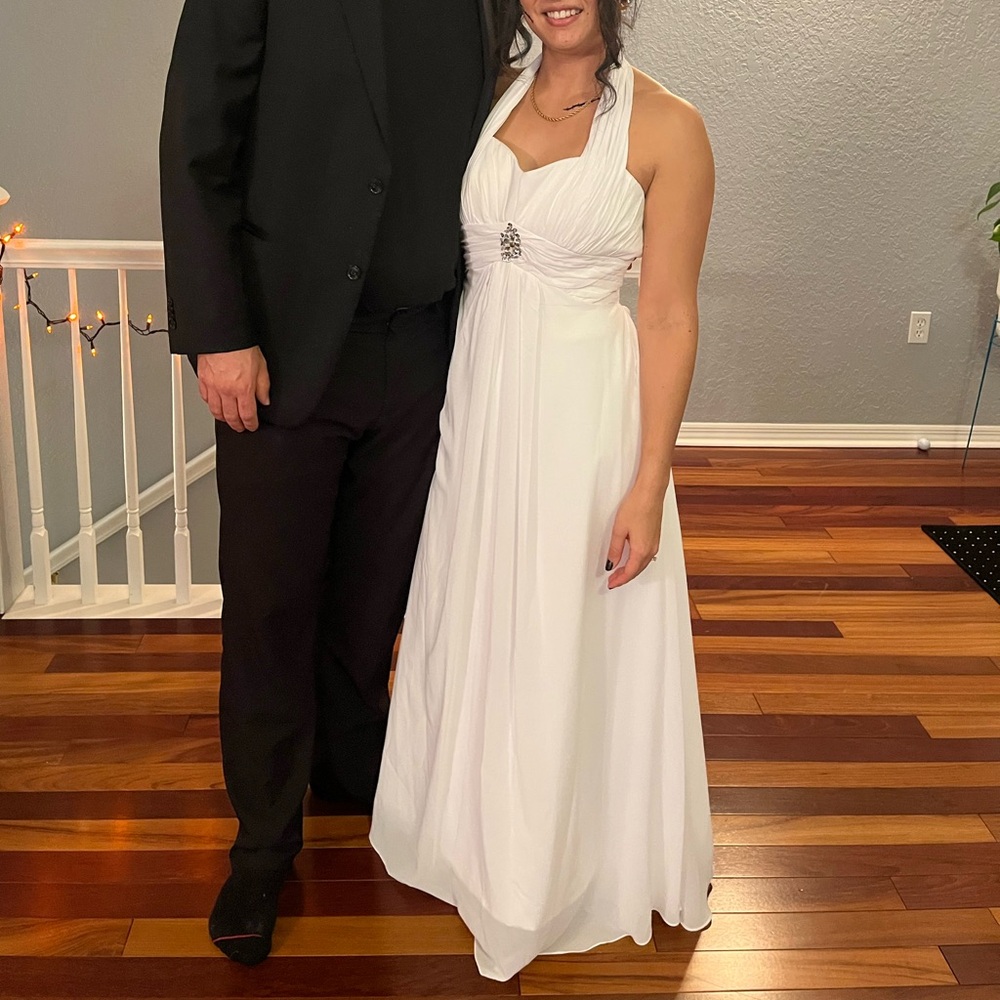 White bridal formal dress with beaded design, halter neck and zip back